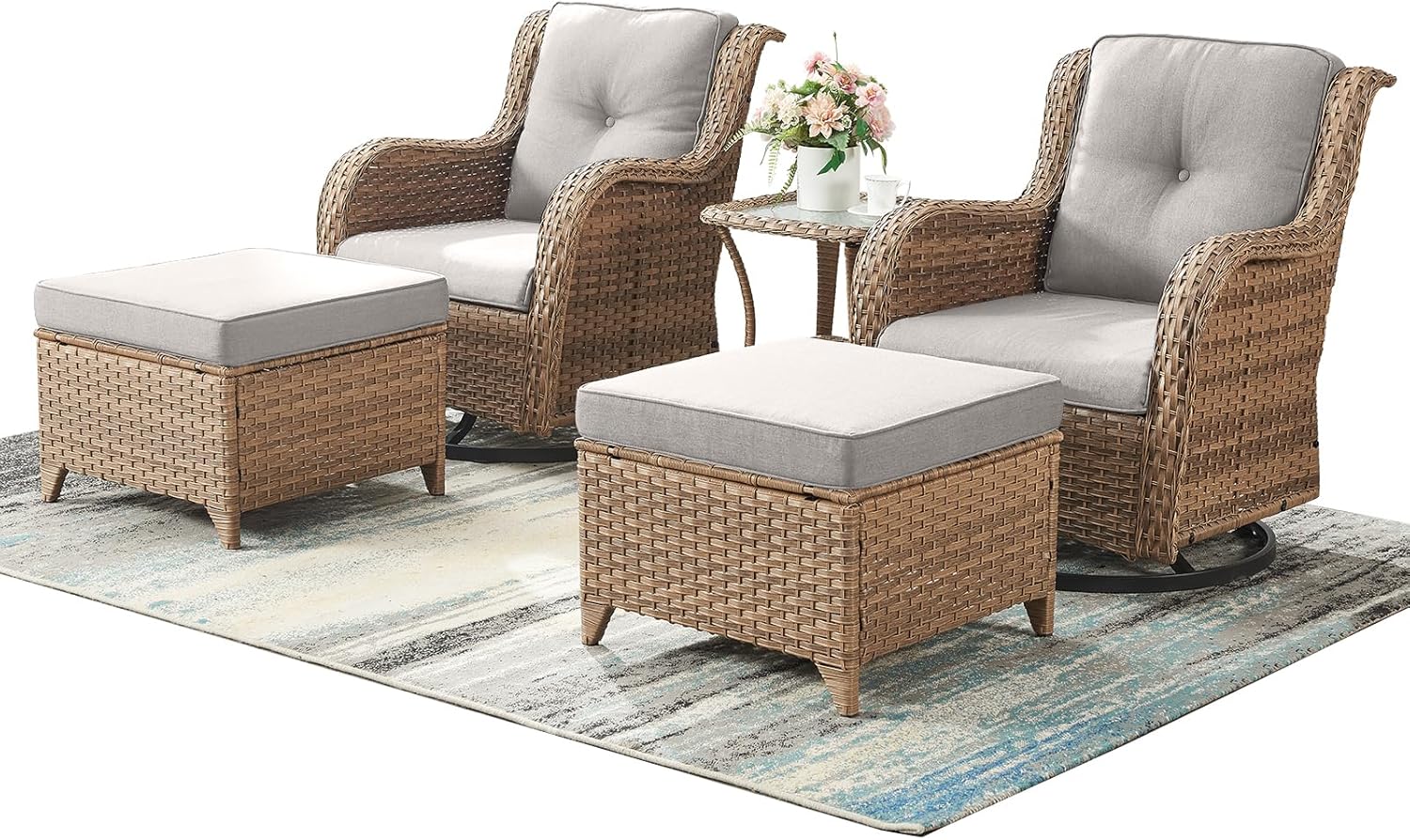 Rilyson Patio Furniture Swivel Chairs Set - 5 Piece Rattan Wicker Outdoor Sectional Conversation Sets with 2 Swivel Rocking Chairs,2 Ottomans and 1 Side Table for Porch Deck Garden(Yellow/Beige)