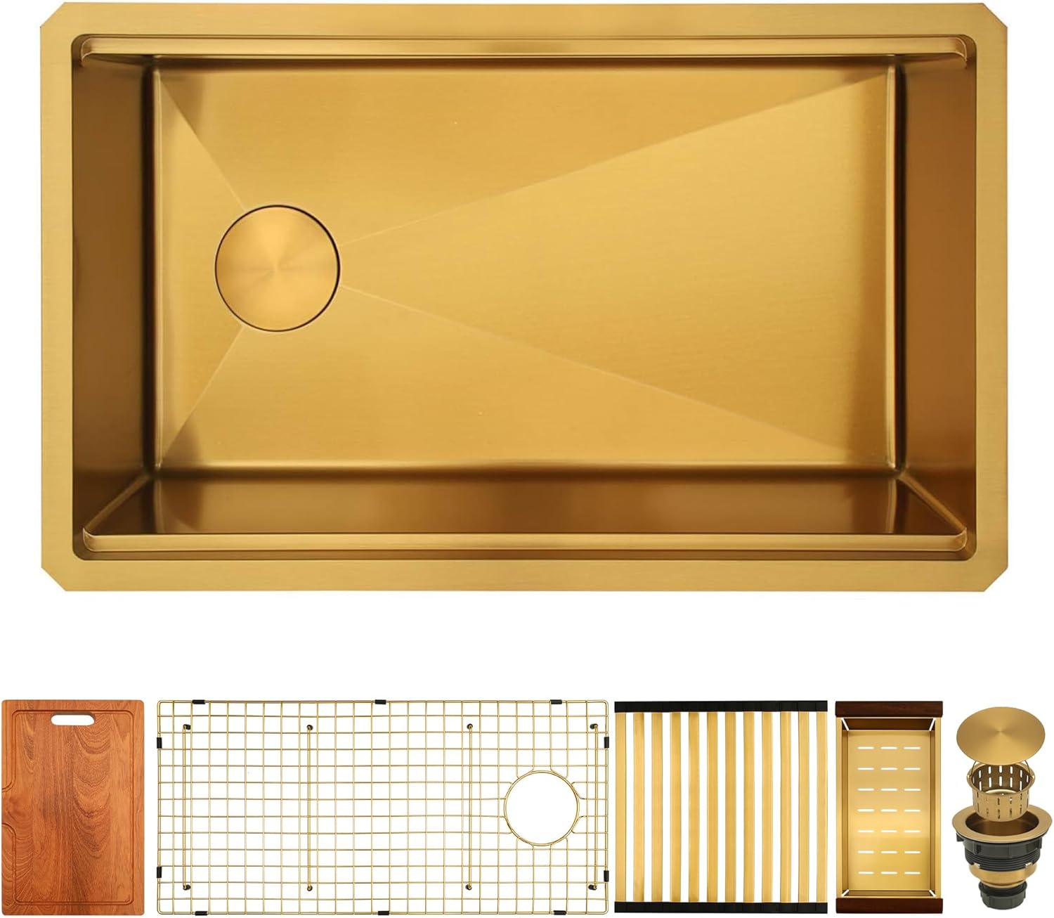 Kitsitchen 30 Inch Gold Undermount Kitchen Sink,16 Gauge Stainless Steel Under Counter Single Bowl Kitchen Sink,10 Inch Deep Workstation Sinks with Abundant Accessories & Offset Drain(30