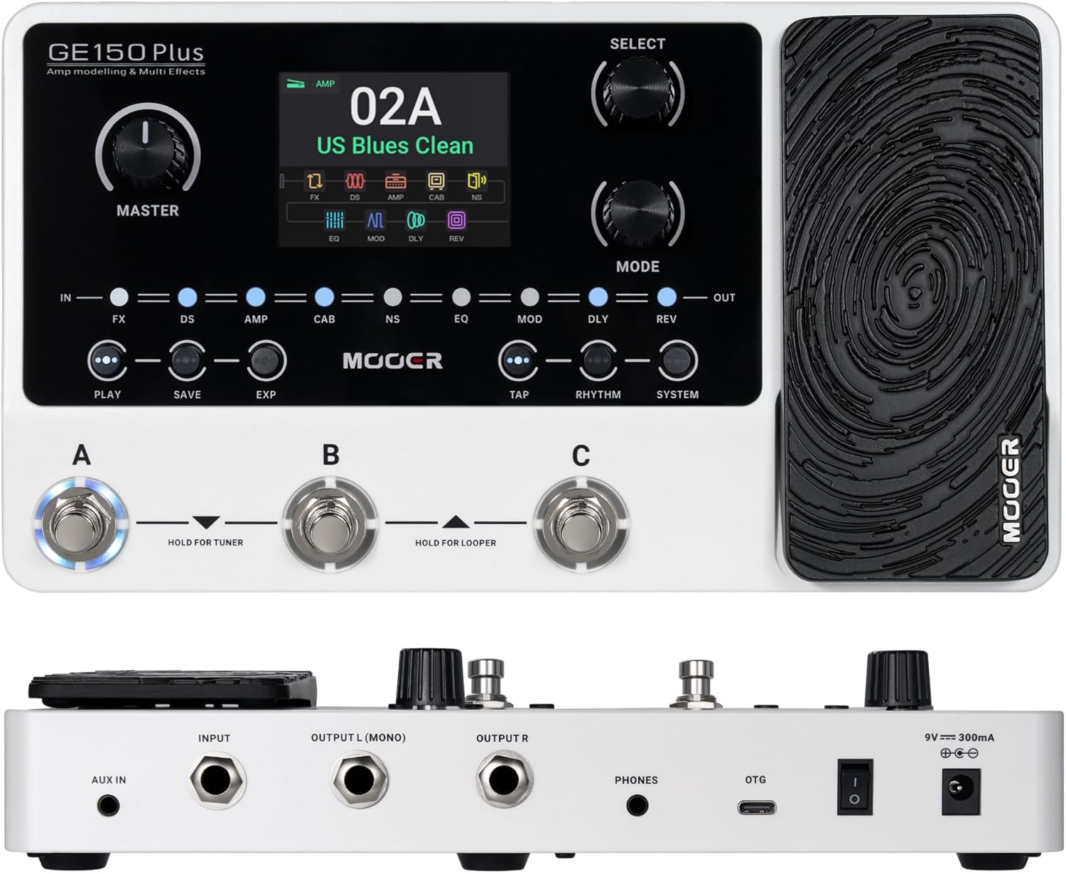 MOOER GE150 Plus New Compact Guitar Pedals Multi Effects Processor Preamp Cab Sim 3rd IR Loader Reverb Dealy Spill Over Funtion,Looper Drum, Tap Tempo, Expression Pedal