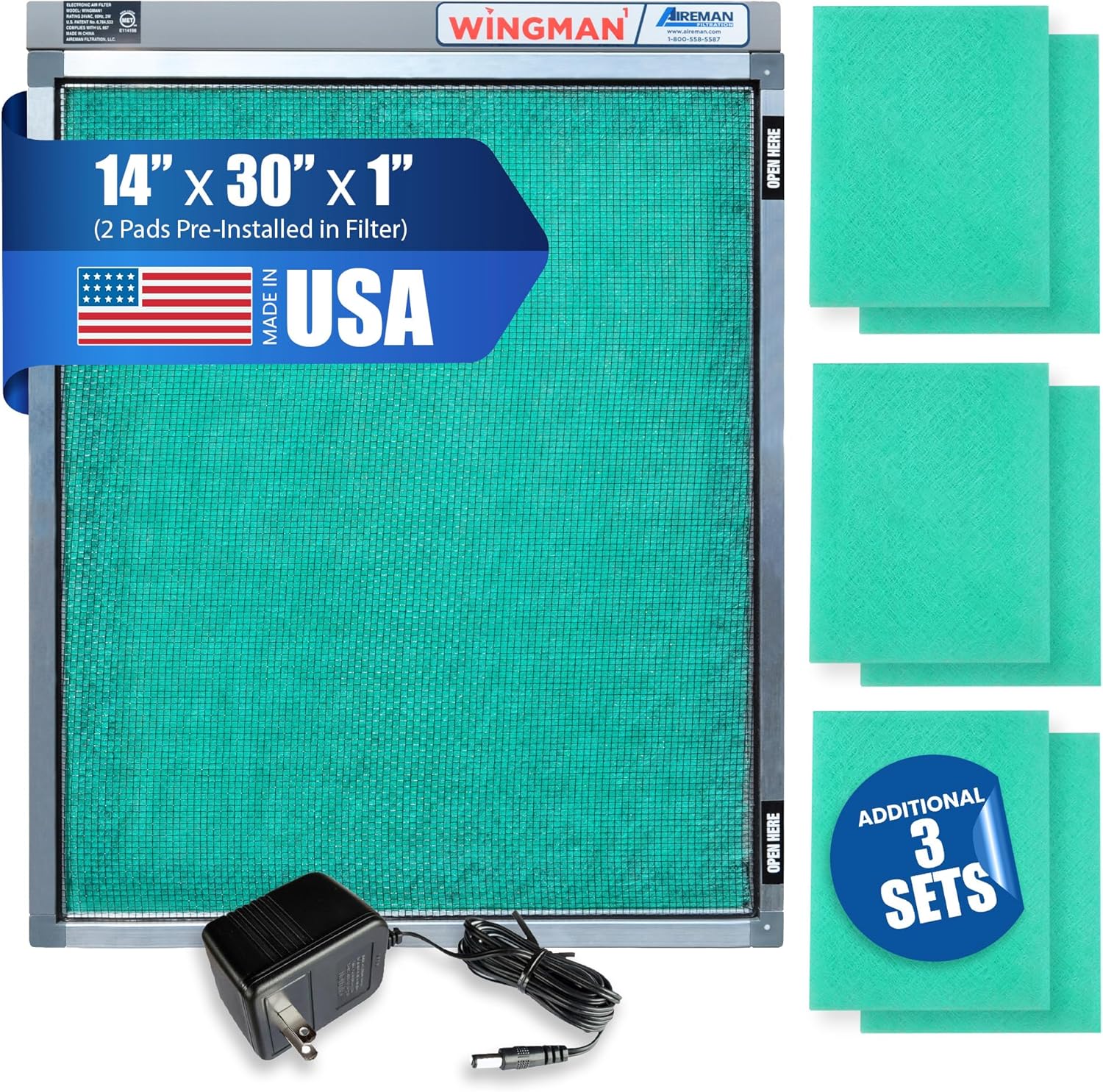 14x30x1 Polarized Media Electronic Air Filter - High Air Flow - Homeowner Installed - 1-Yr Supply of Replacement Pads - Simply Replace Your Current AC/Furnace Air Filter and PLUG IT IN!