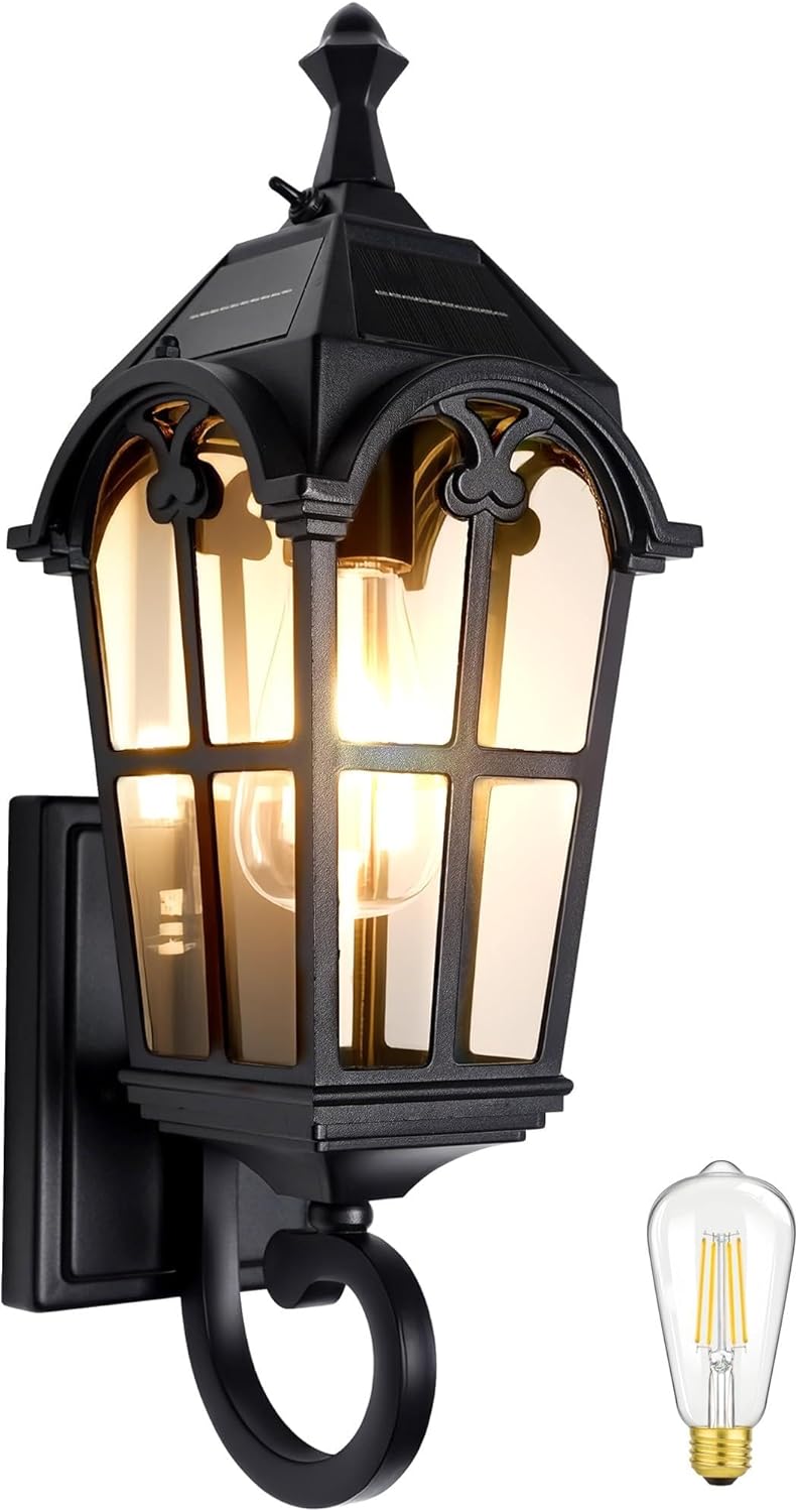 Outdoor Solar Wall Lights with Bulb Waterproof Solar Porch Lights Dusk to Dawn Exterior Light Anti-Rust Exterior Lighting Fixtures Outside Light for House Porch Garage Garden Balcony