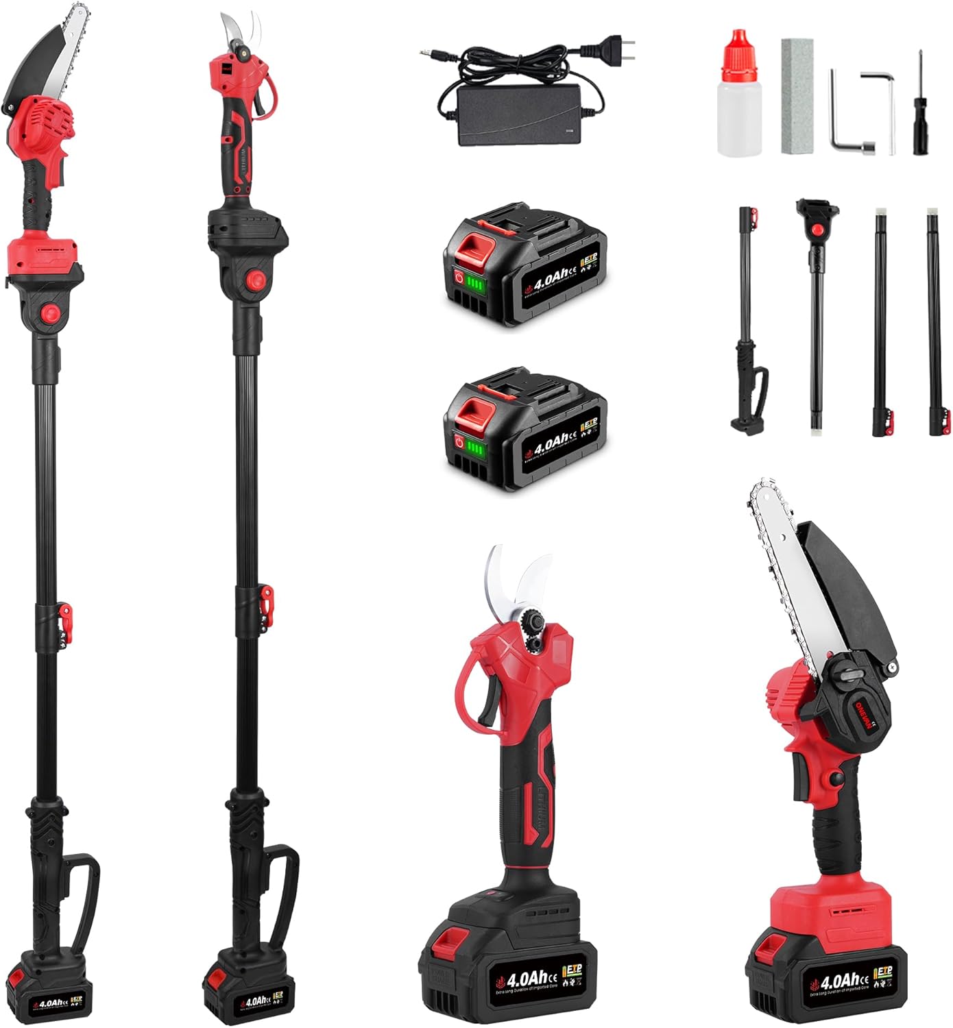 4-in-1 Cordless Pole Saw & Mini Chainsaw & Pruning Shear, Electric Pole Saw with 2 x 21V 4000mAh Batteries, 6-Inch Cutting with Angle Adjustable, 13.7-Foot MAX Pole Chainsaw for Tree Trimming