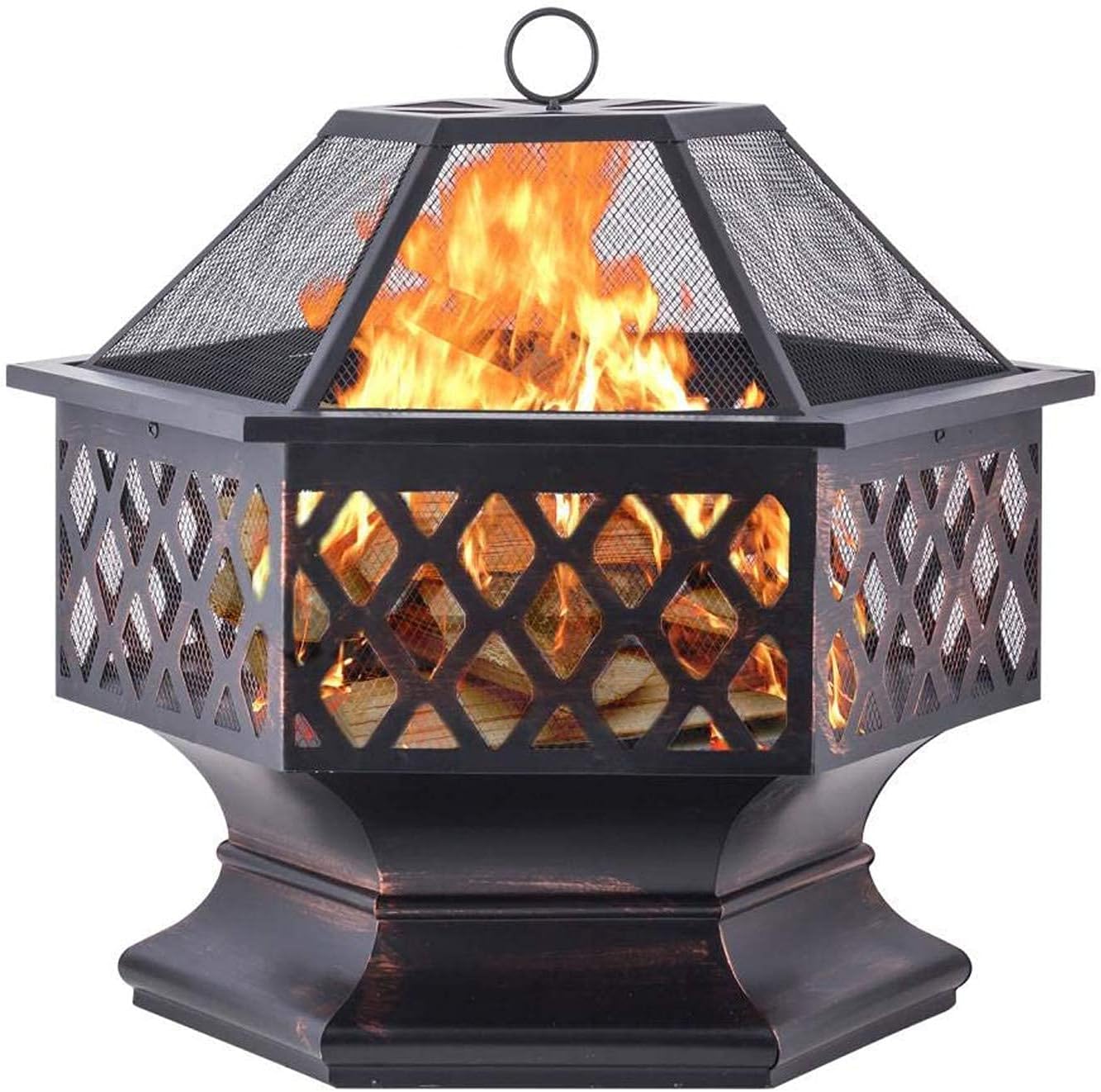 Steel Hexagonal Fire Pit, Fire Bowl for Garden and Patio, Outdoor Garden Fire Pit with Mesh Cover