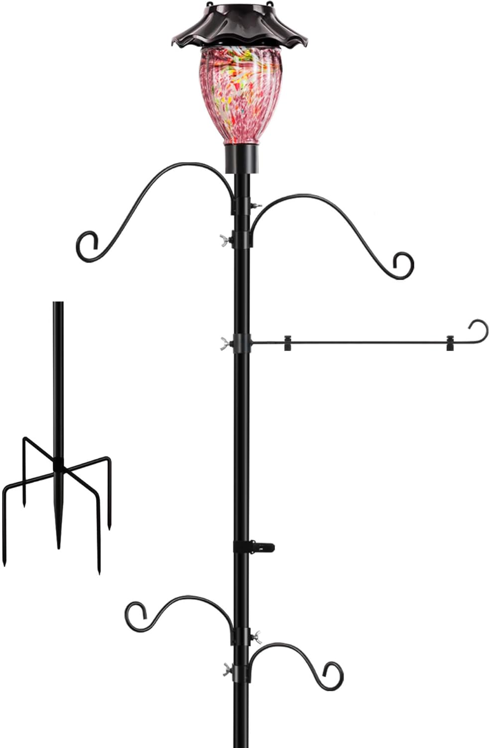 LUJII Solar Shepherds Hooks for Outdoors, Bird Feeder Pole with 4 Adjustable Hangers and 1 Flag Holder, Garden Stand for Hummingbird Feeders, Wind Chimes, Plant Baskets, Lanterns (Purple)