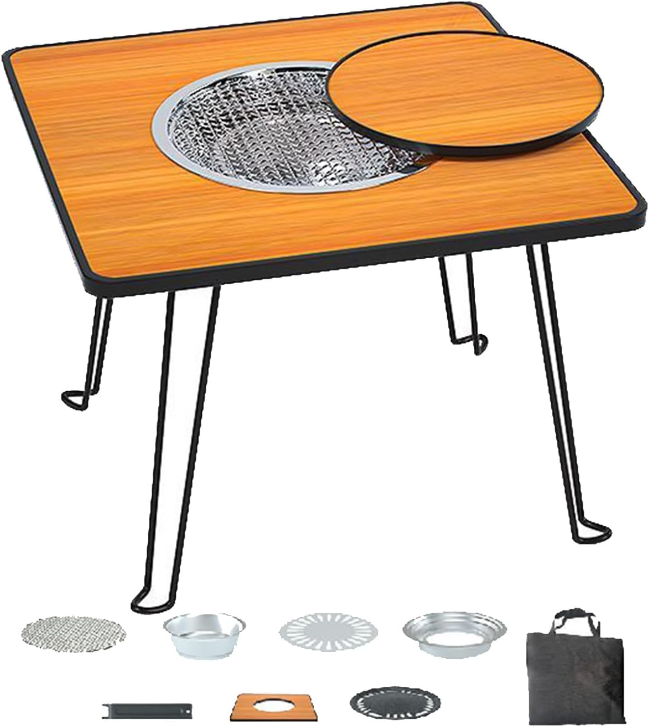 TemkIN Patio Fire Pit Table, 3-in-1 Portable Wood Burning Fire Pit Square Table with Lid & Poker, Small Firepits for Outside Camping Picnic Cooking BBQ, Picture colour