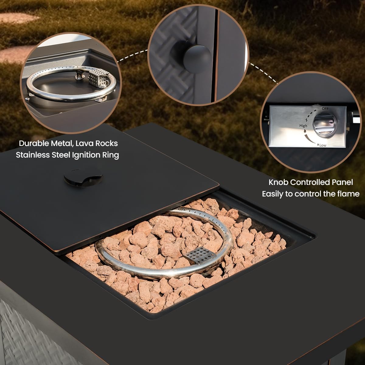 32'' Propane Fire Pit,50000 BTU Gas Firepit Table with 2 Drink Holders, Lid & Lava Rock,Outdoor Fire Pit Table for Dining or Party,Propane Firepits for Outside,Patio,Yard