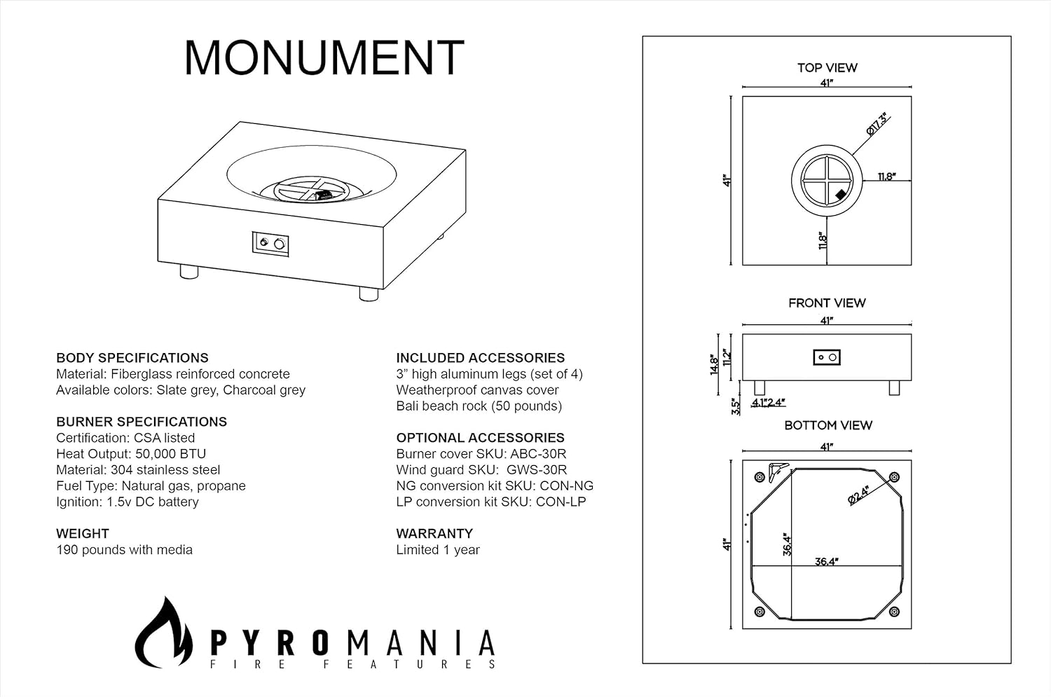 Pyromania Monument Outdoor Concrete Fire Pit Table, 41 x 41 Inches - Natural Gas Model in Slate Gray Color