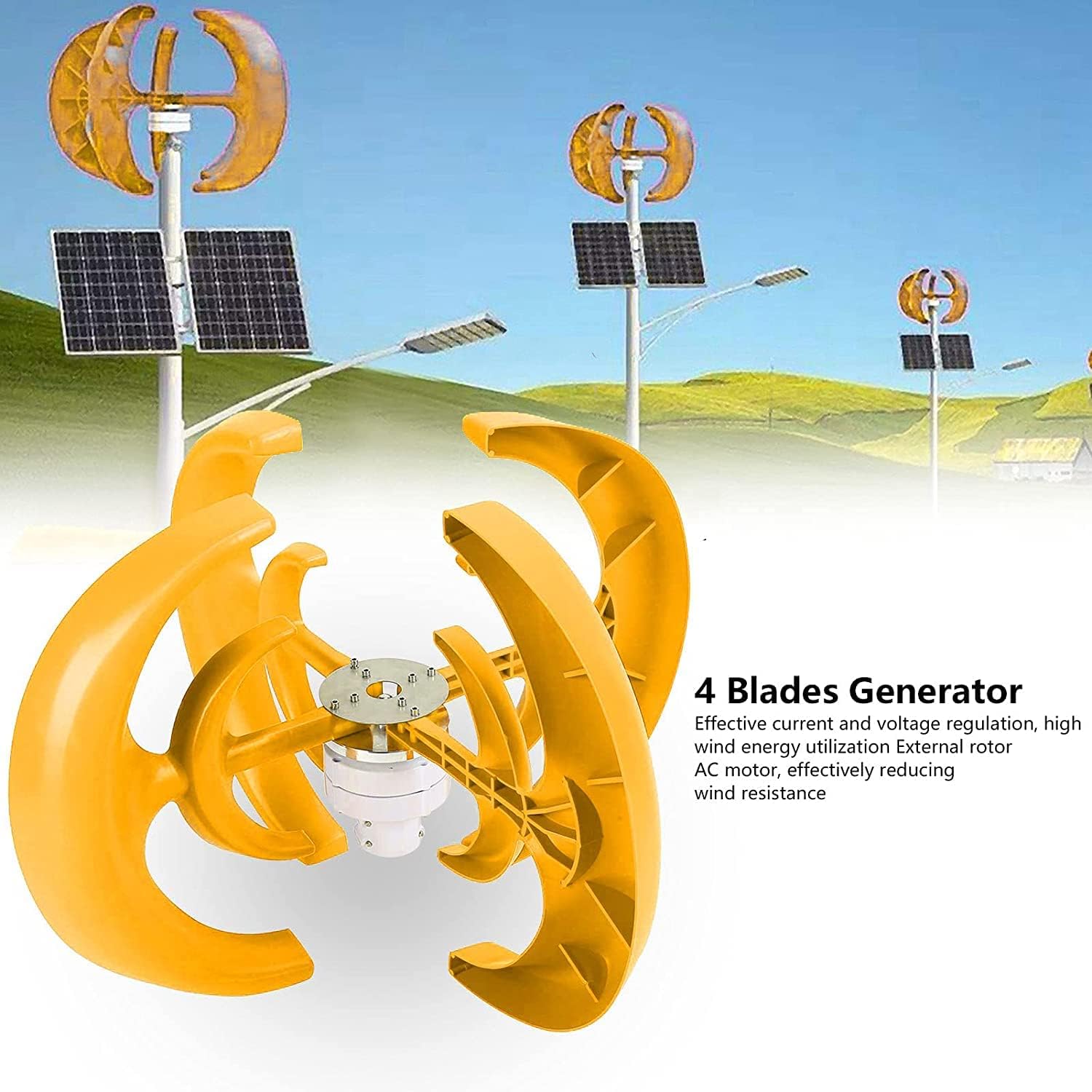 Wind Turbine Generator Kit 9000W 4-Blade Wind Turbine Motor with Charge Controller Power Generation Kit for Home Boat Industrial Energy Yellow