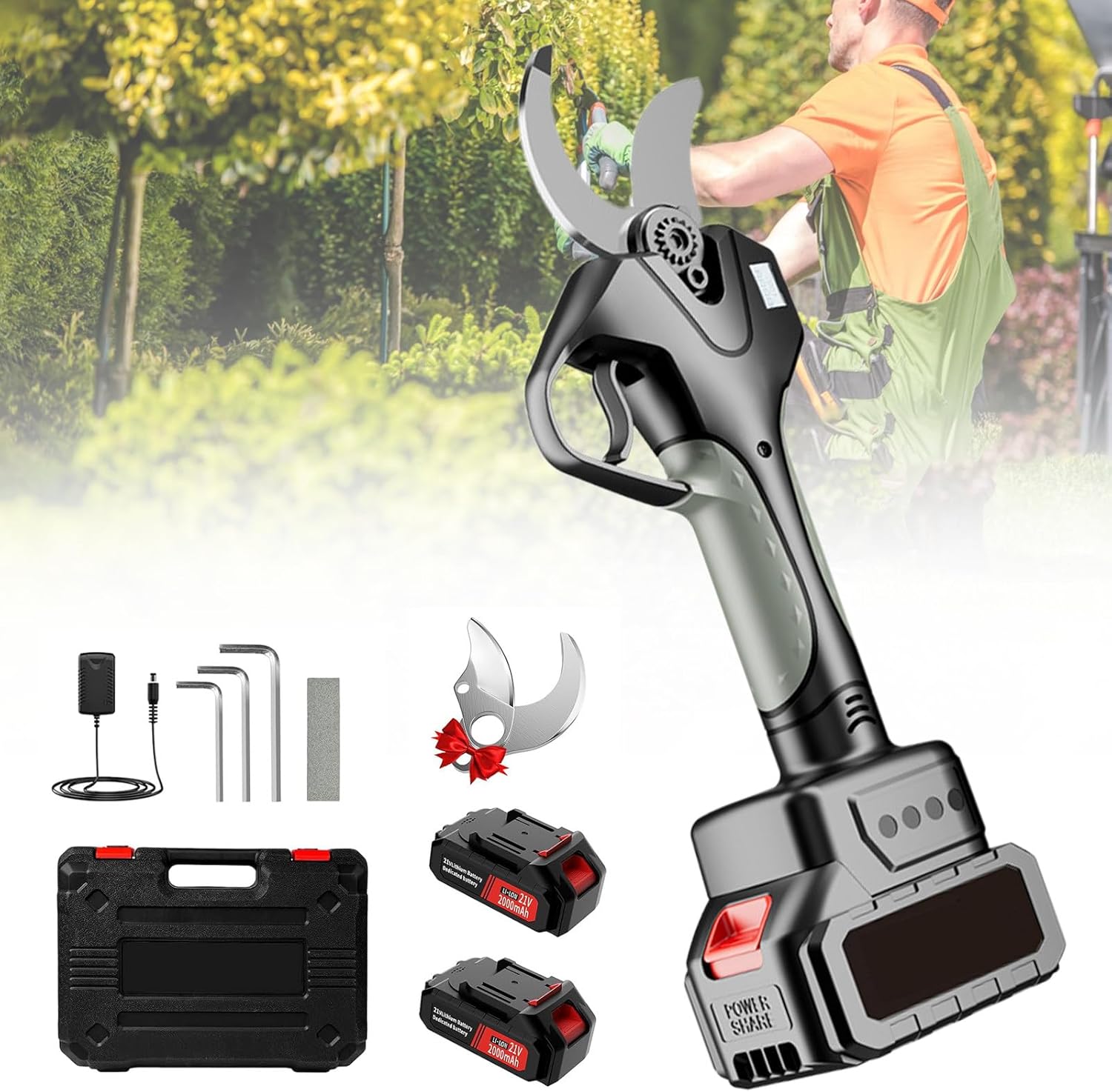 Cordless Pruning Shears, Brushless Electric Pruning Shears with 2Pcs Rechargeable Batteries & LCD Display Screen, Electric Pruner for Gardens Parks Farms Orchards