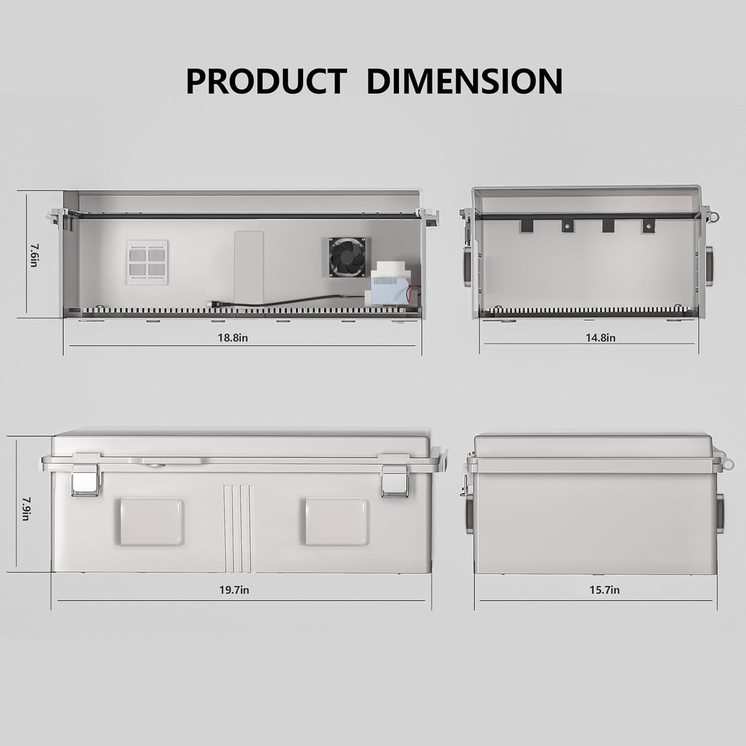 Outdoor Electrical Box with Thermostat and Fan, Ventilated Design, Cable Grommets, Indoor/Outdoor Use with Mounting Panel. (Grey Cover, 19.7
