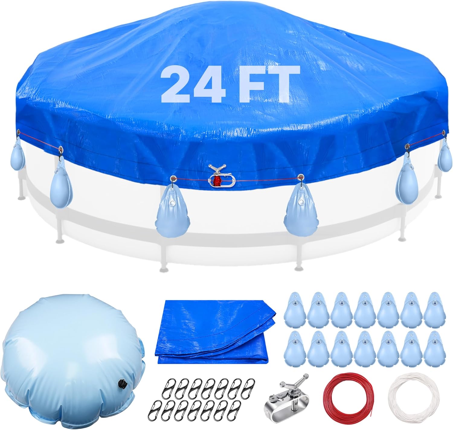 24' Round Pool Cover for Above Ground Pools - Winter Above Ground Pool Cover Kits with 3.6' Pool Pillow, 14 Pool Cover Weights, Wirerope & Rope Tensioner and Hooks, Pool Winter Cover Accessories