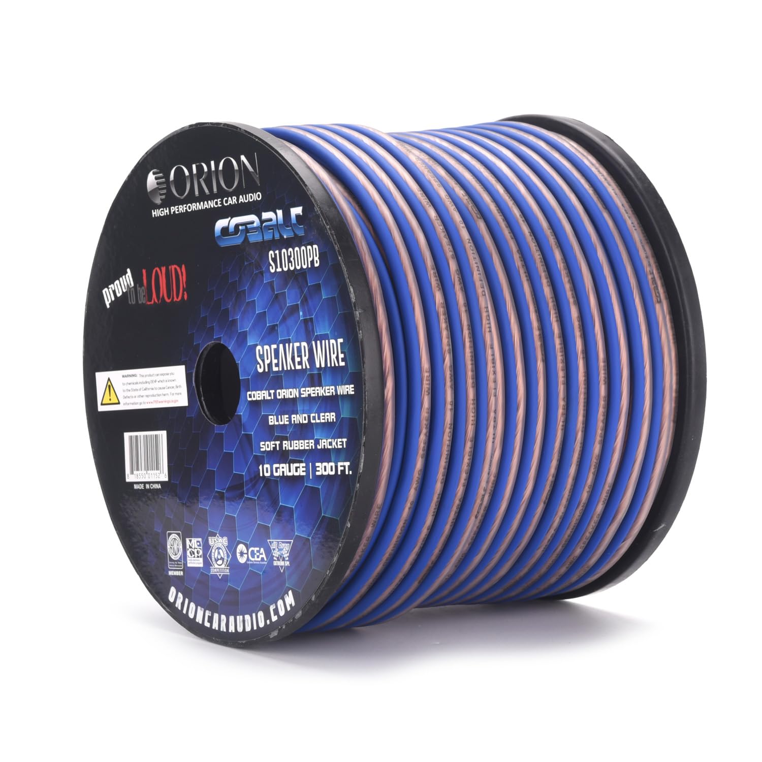 Orion Cobalt S10300PB 10 Gauge AWG (300-Ft Blue/Clear) High Powered Car Speaker Wire Roll, Surround Sound, Home Theater Speakers, RV Audio | 2x10 Gauge Speaker Cable/Wire Roll