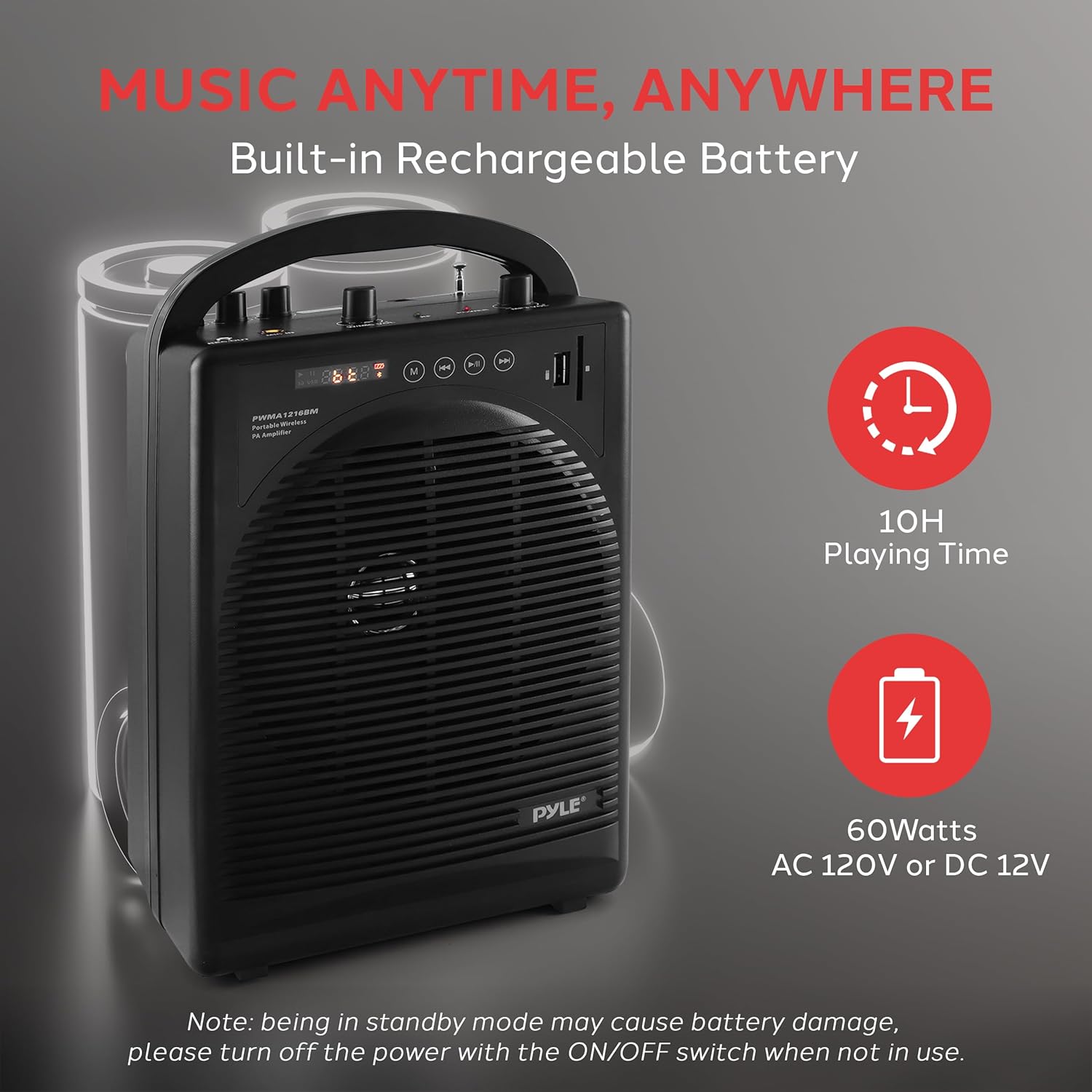 Pyle Portable Outdoor PA Speaker Amplifier System & Microphone Set with Bluetooth Wireless Streaming, Rechargeable Battery - Works with Mobile Phone, Tablet, PC, Laptop, MP3 Player - PWMA1216BM, BLACK