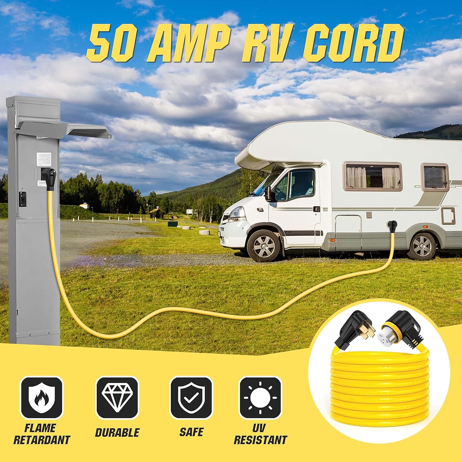 25 Feet 50 Amp RV/Generator Cord, UL Listed, 100% Copper Wire, NEMA 14-50P to SS2-50R Twist Lock, Newly Designed 90°Grip Handle, 6/3+8/1 Gauge STW Wire