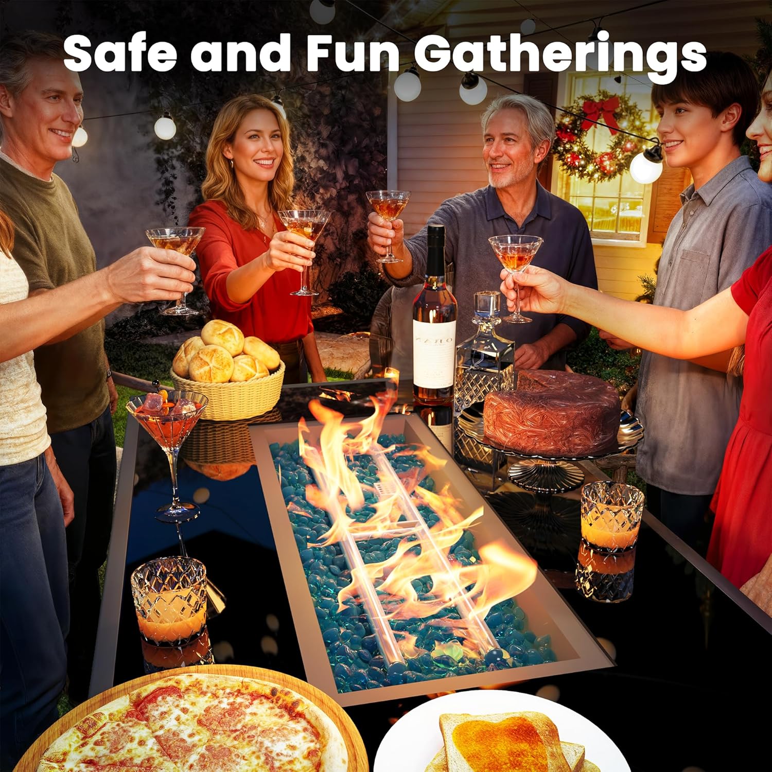 43-Inch Propane Fire Pit Table, Rattan Rectangular Outdoor Gas Fire Pit with Glass Wind Guard, Tempered Glass Tabletop & Lid, CSA Listed, 60,000 BTU, 304 Stainless Steel H-Burner, for Outside Patio