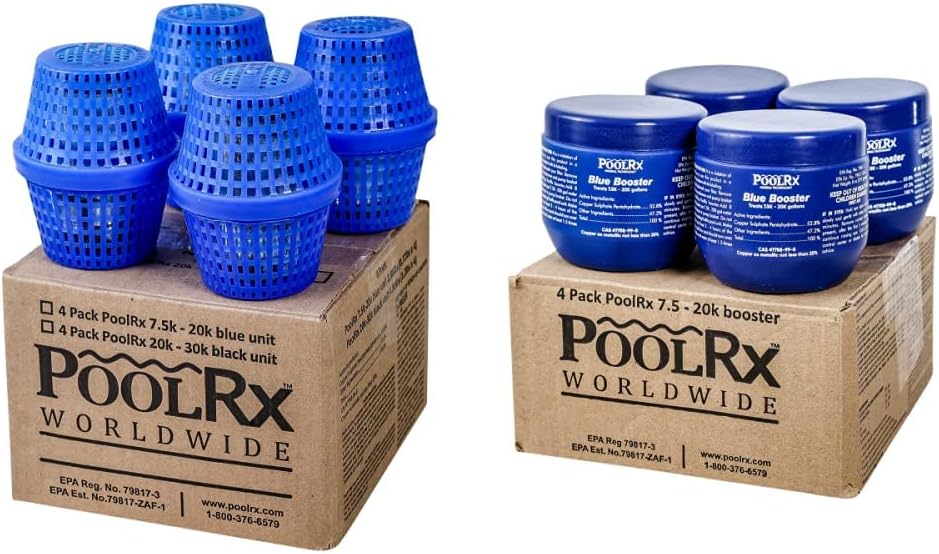 Pool RX 101003 Swimming Pool Algaecide, 4 Pack, Blue & PoolRx Booster Minerals for Pool, 7500 to 20000 gallons,4 Pack