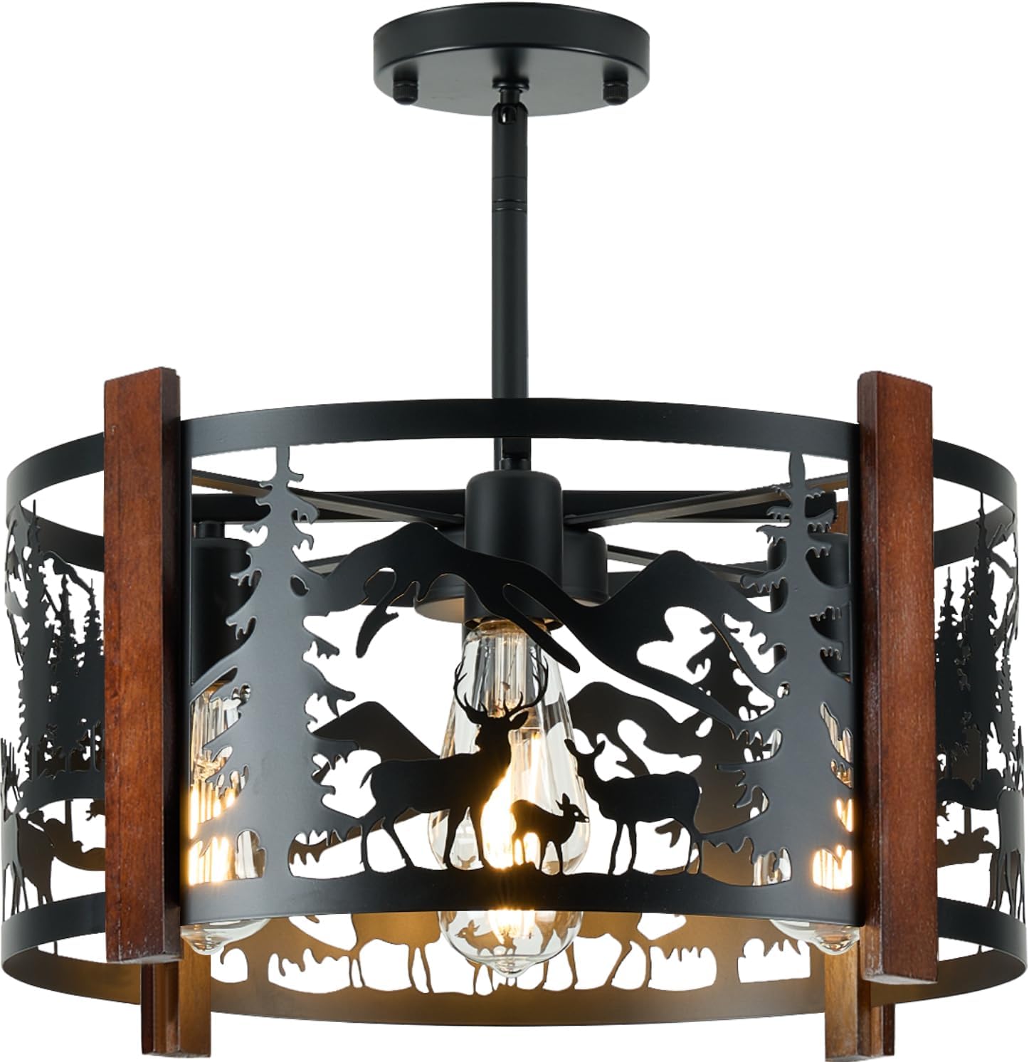 Farmhouse Rustic Deer Ceiling Light Fixtures, 4-Light Round E26 Base Black Metal Wooden Fixture for Kitchen, Living Room,Foyer, Bedroom, Hallway-‎16.5