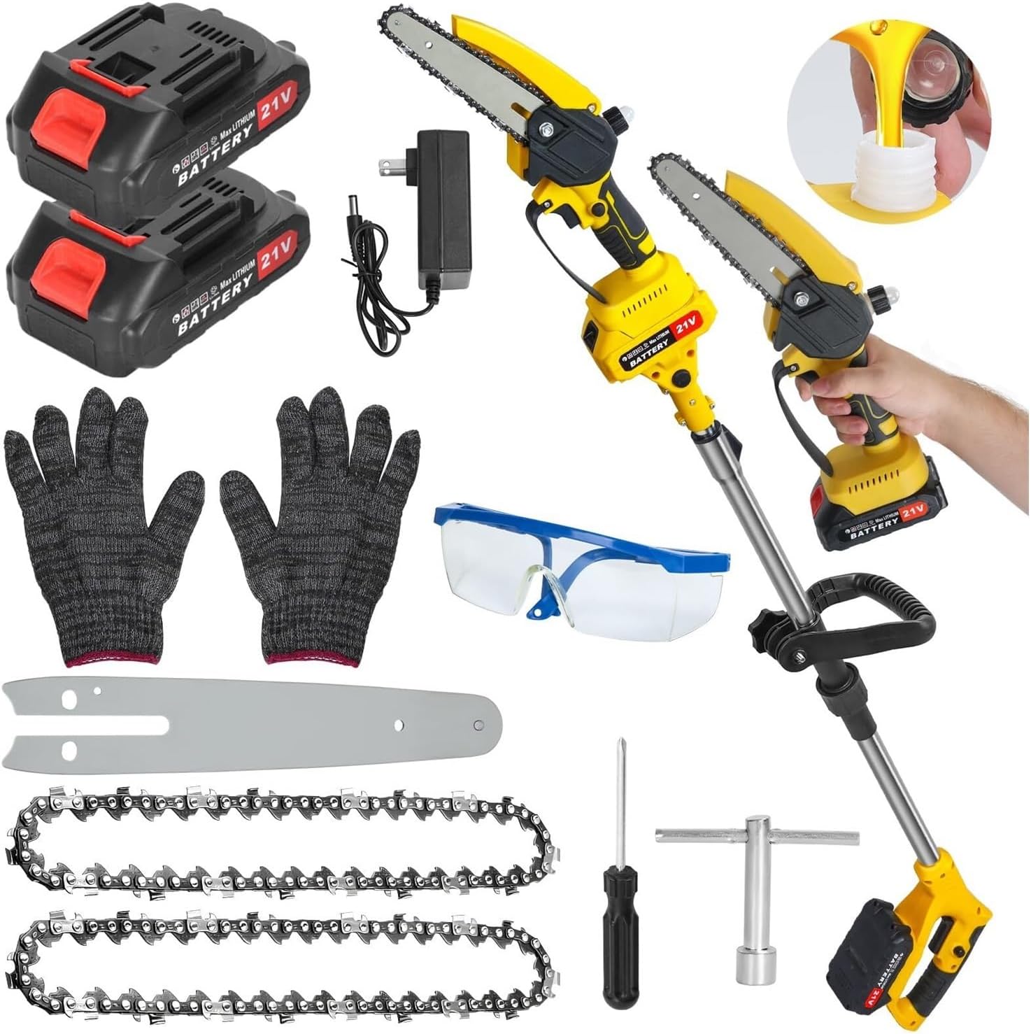 2 - in - 1 Cordless Pole Saw & Mini Chainsaw - 6 - inch, 2x2000mAh Batteries, 4.9-7.5ft Telescopic, 14ft Reach for Tree Trimming