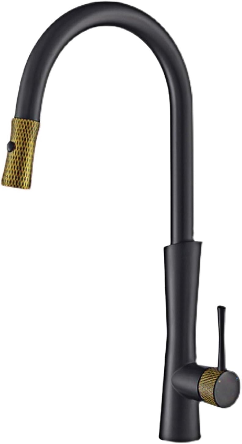 All Copper Casting Kitchen Faucet Dual-Mode Outlet Water Cooling and Heating Dual Control Single Handle Design Sink Faucet(Color:Black-Gold)