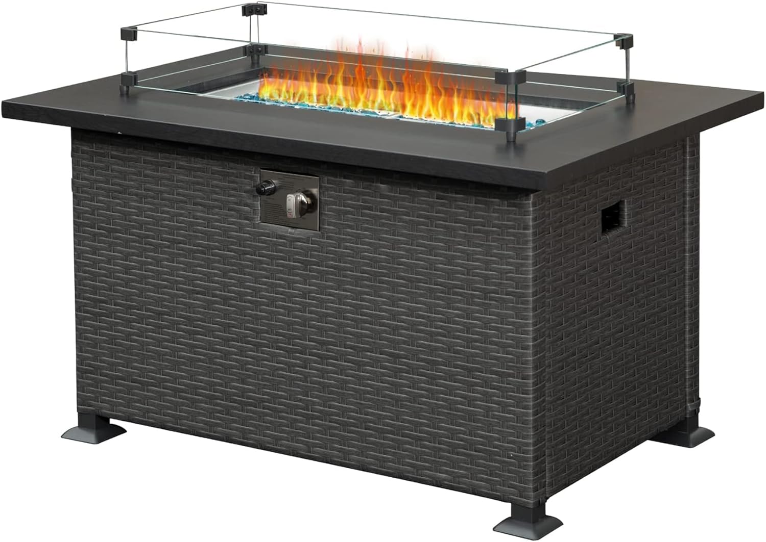 Outdoor Fire Pit Table 43.3 Inch with Glass Wind Guard Lid Fire Glass Beads, 50,000 BTU Smokeless Fire Pits for Outside,Outdoor Wicker Propane Gas Fire Pits for Patio (Dark Gray)