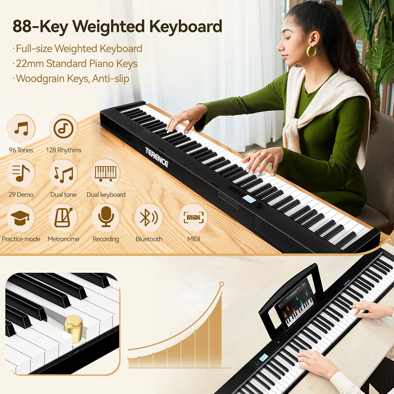 TERENCE V30 Digital Piano 88 Key Weighted Keyboard,Full Size Piano Keyboard with 2X5W Speakers,Music Stand and Sustain Pedal,Portable Folding Piano Gift Teaching for Beginners