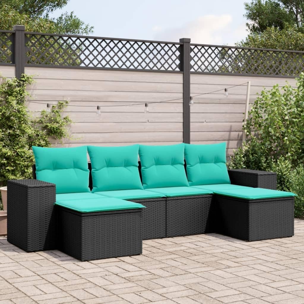 Large Modular Patio Sofa Set with 6 Seats, Black Poly Rattan and Blue Cushions, Weather-Resistant Outdoor Furniture with Storage Compartments, Adjustable Design for Terrace