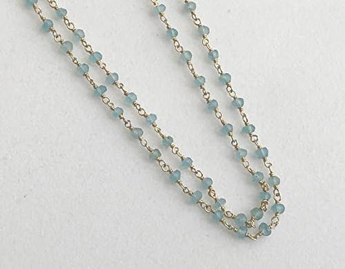 LKBEADS 5 Feet Aquamarine Wire Wrapped Faceted Rondelle Beads, Rosary Style Beaded Chain