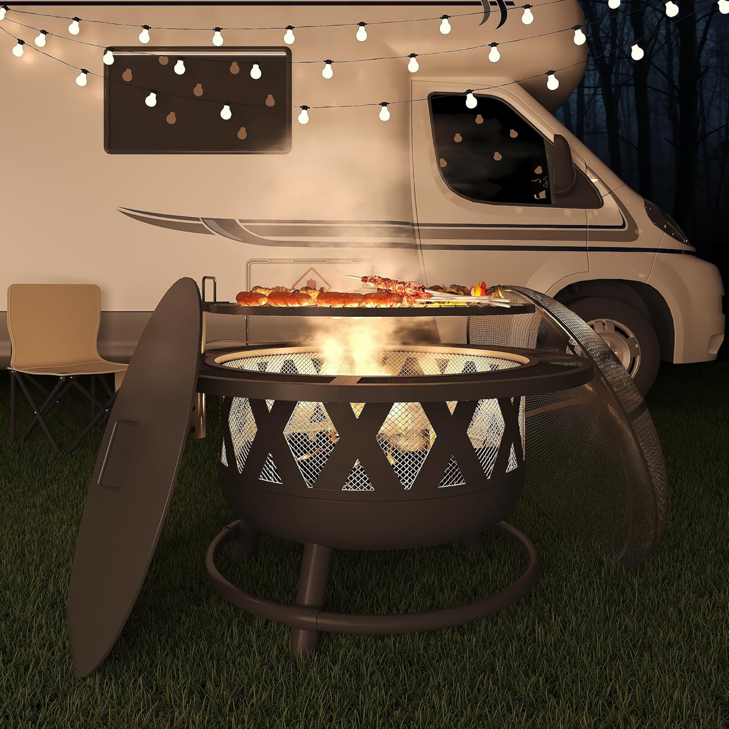 Outdoor Fire Pit with Cooking Grate, Wood Burning Fire Pit Portable for Camping, Patio, Deck or Backyard