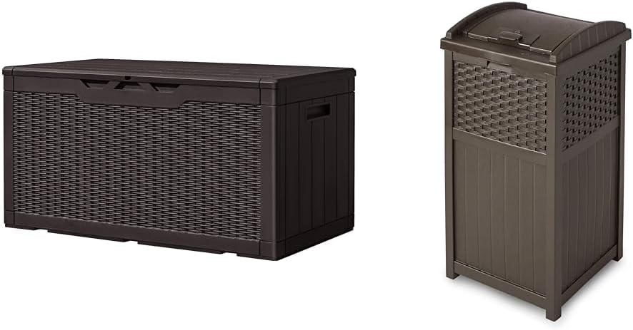 Greesum 100 Gallon Deck Box and Suncast 33 Gallon Outdoor Trash Can Storage Bundle for Patio Furniture, Garden Tools, and Pool Supplies