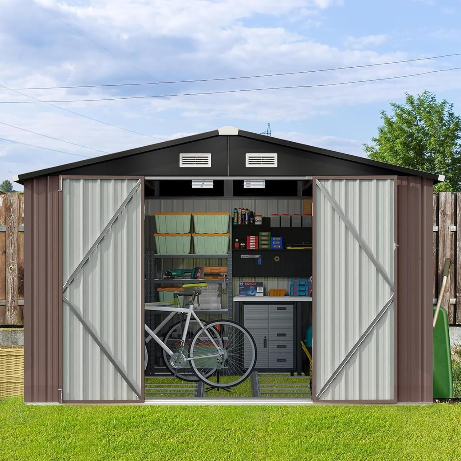 Aoxun 9.4x7.3x6.5 FT Outdoor Metal Storage Shed with Lockable Door- Ideal for Tools, Garden Equipment & Bikes, Includes Base, Perfect for Patio Placement