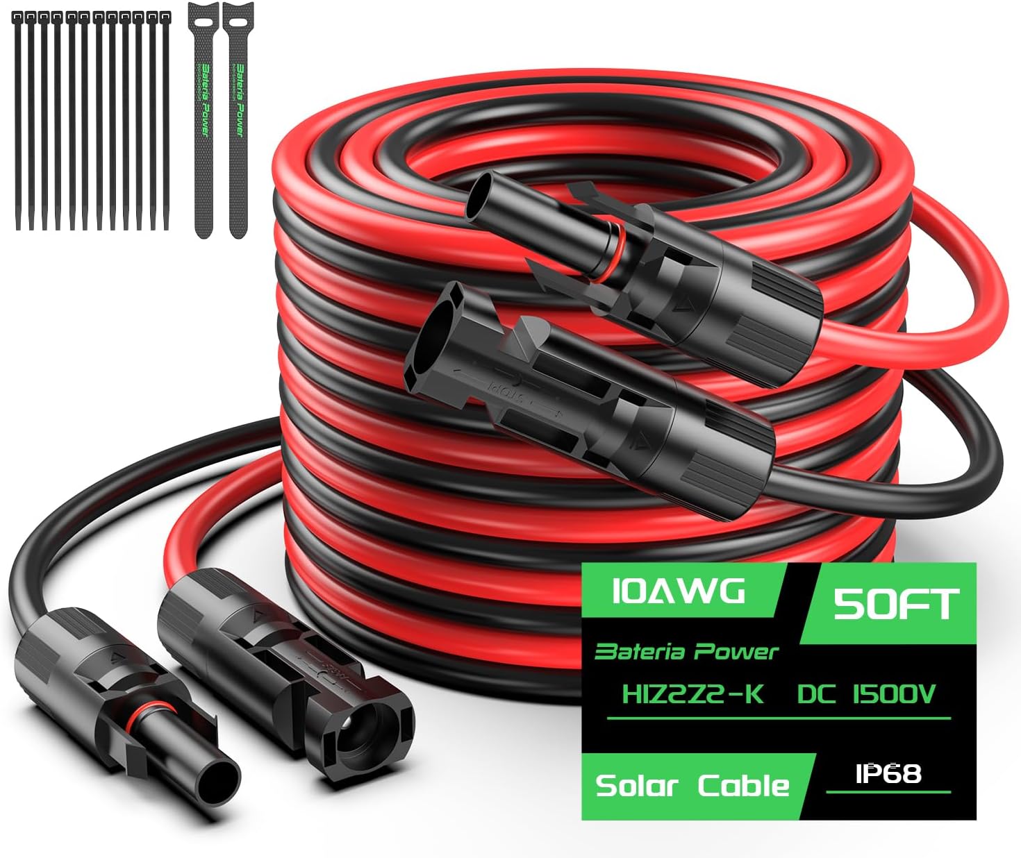 Bateria Power 50FT 10AWG Solar Panel Extension Cable, 6mm² Solar Extension Cable Wire with Female & Male Waterproof Connectors for RV, Photovoltaic Systems, Set of 2