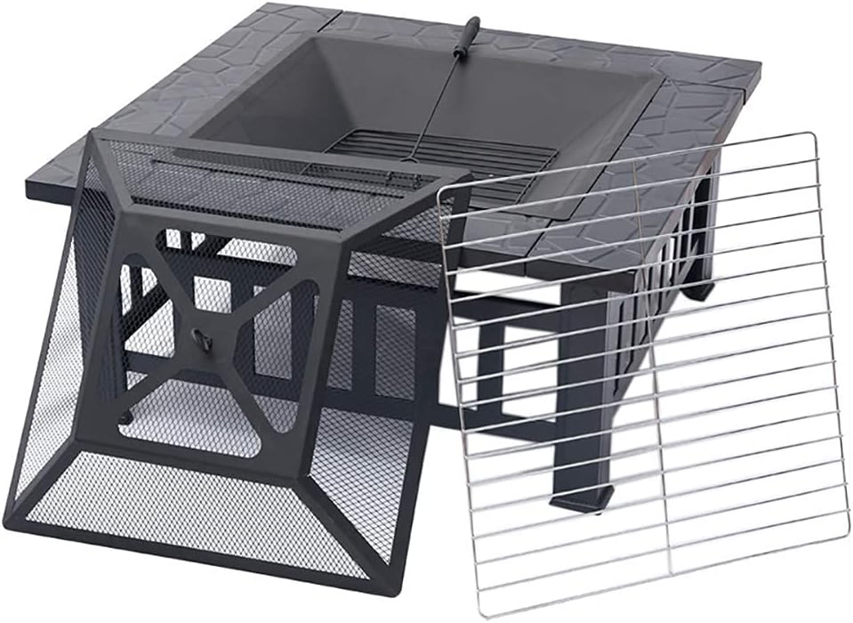 Outdoor Fire Pit with Grill Shelf for Garden and Patio, Outdoor Metal Brazier Square Table Garden Patio Heater//Ice Pit