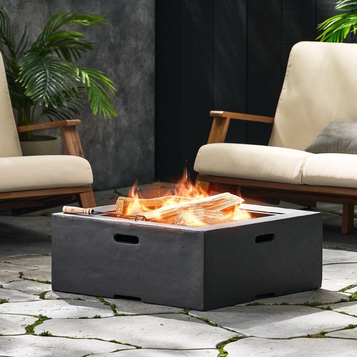 29 Inch Square Dark Gray Wood-Burning Fire Pit, Outdoor MgO Lightweight Concrete Fire Pit with Spark Screen & Poker, No Assembly Required, for Patio Garden Backyard