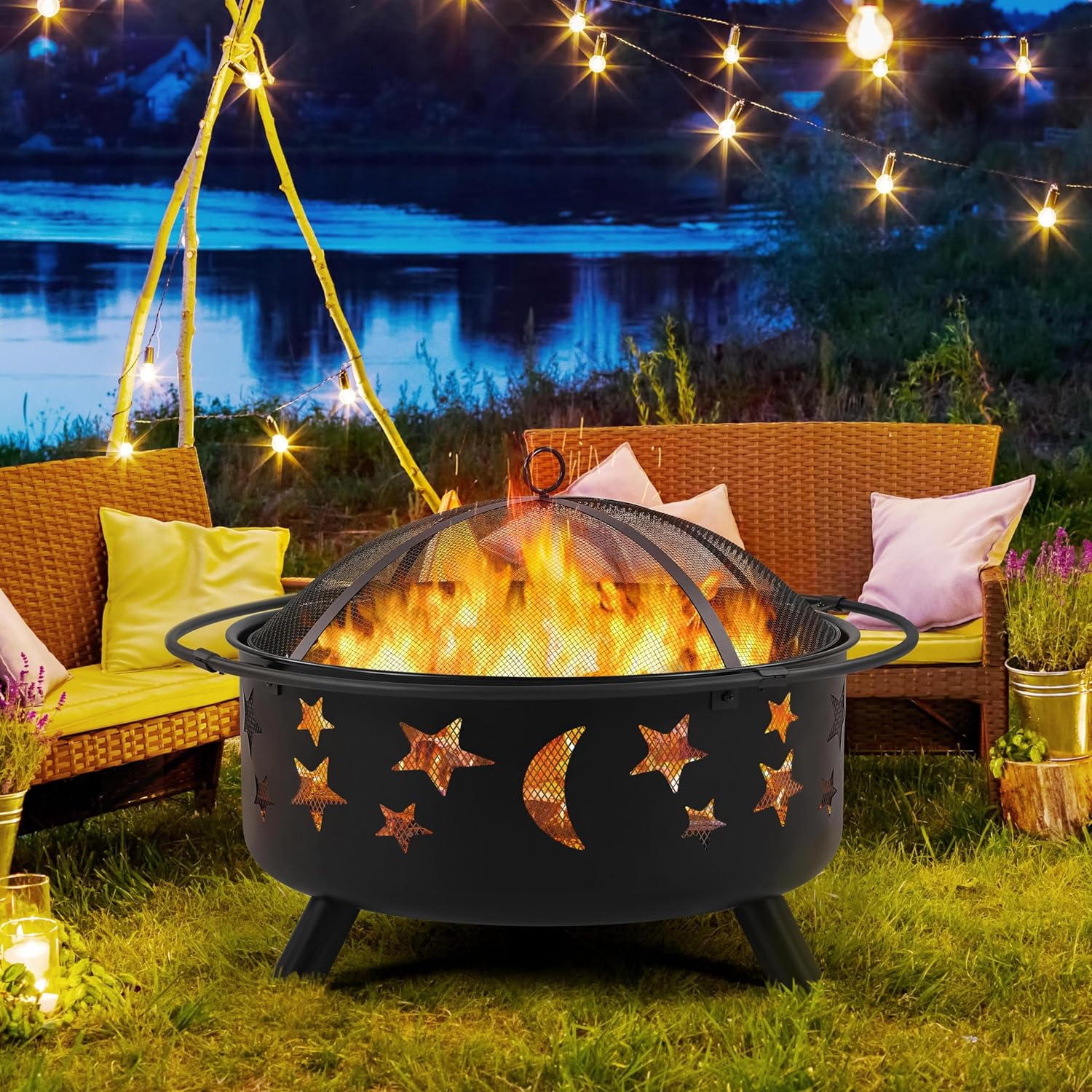 Yaheetech 30in Fire Pit Moons and Sky Stars Outdoor Fire Pit Fireplace Large Bonfire Wood Burning Firepit Bowl for Patio & Backyard with Spark Screen