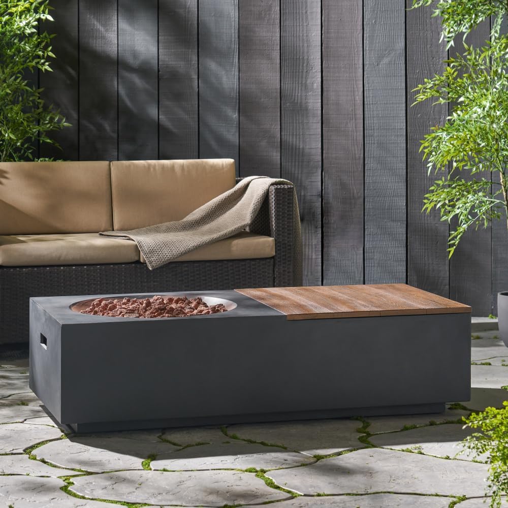 Outdoor 50,000 BTU Lightweight Concrete Fire Pit Table with Removable Top and Storage Compartment for Patio or Garden Use