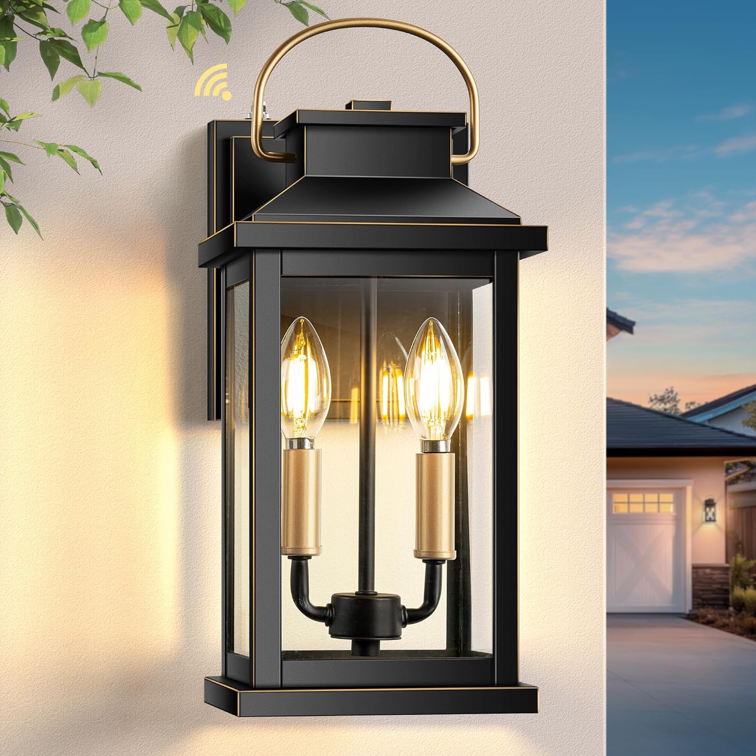 VIANIS Large Porch Lights Outdoor Dusk to Dawn, Black Gold Accents Exterior Lighting Fixtures Wall Mount for House, Modern Outdoor Sconces Wall Lighting for Patio, Waterproof Coach Lights for Garage