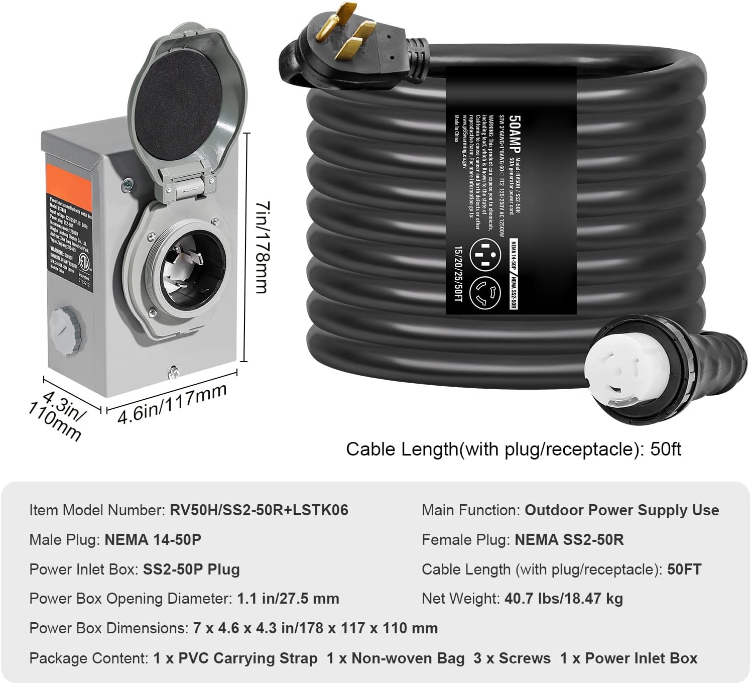 Happybuy 50FT Generator Cord & Power Inlet Box Kit, 50 Amp, NEMA 14-50P/SS2-50R, Twist Lock Connector, Pre-Drilled Inlet Box for Generator to House, ETL Listed