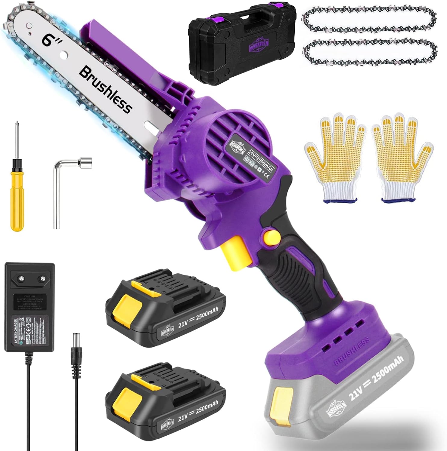 Brushless Mini Chainsaw, 6-Inch Cordless Chainsaw Battery Powered Chainsaw, Small Chainsaw with Security Lock, One- Hand Handheld Electric Chainsaw for Tree Trimming and Branch Pruning Wood Cutting