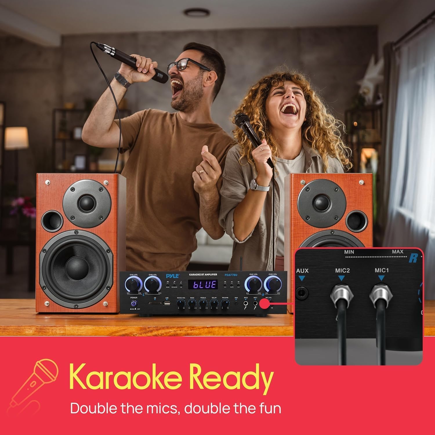 Pyle Bluetooth Home Stereo Amplifier Receiver - 4 Channel, 800 Watt Karaoke Sound System w/ MP3,USB,SD,AUX,RCA,FM,MIC, Headphone, Reverb + Delay, LED Vol, for Home, Studio, Theater Speakers - PDA77BU