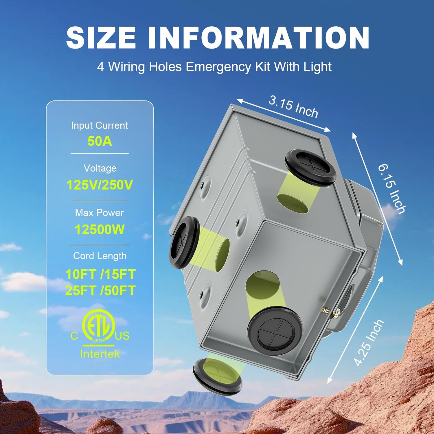 50 Amp Generator Cord and Power Inlet Box Kit, 15Feet 50A 4 Prong Heavy Duty RV Extension Cord NEMA 14-50P to SS2-50R STW 6/3+8/1 AWG Gauge Wire Cable for RV Camper & House,Pre-Drilled, ETL Listed