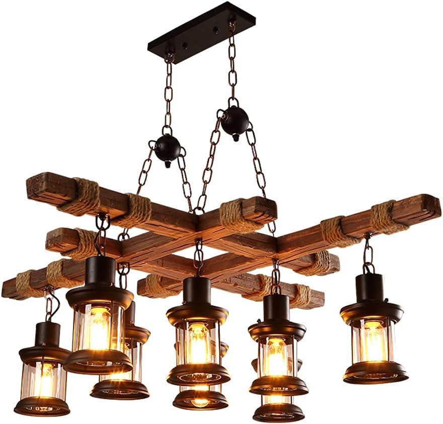 8-Light Farmhouse Pendant Chandelier, Industrial Wooden Hanging Lighting Black Metal Chandelier with Height Adjustable, Outdoor Chandelier Farmhouse for Homes, Bookstores, Restaurants