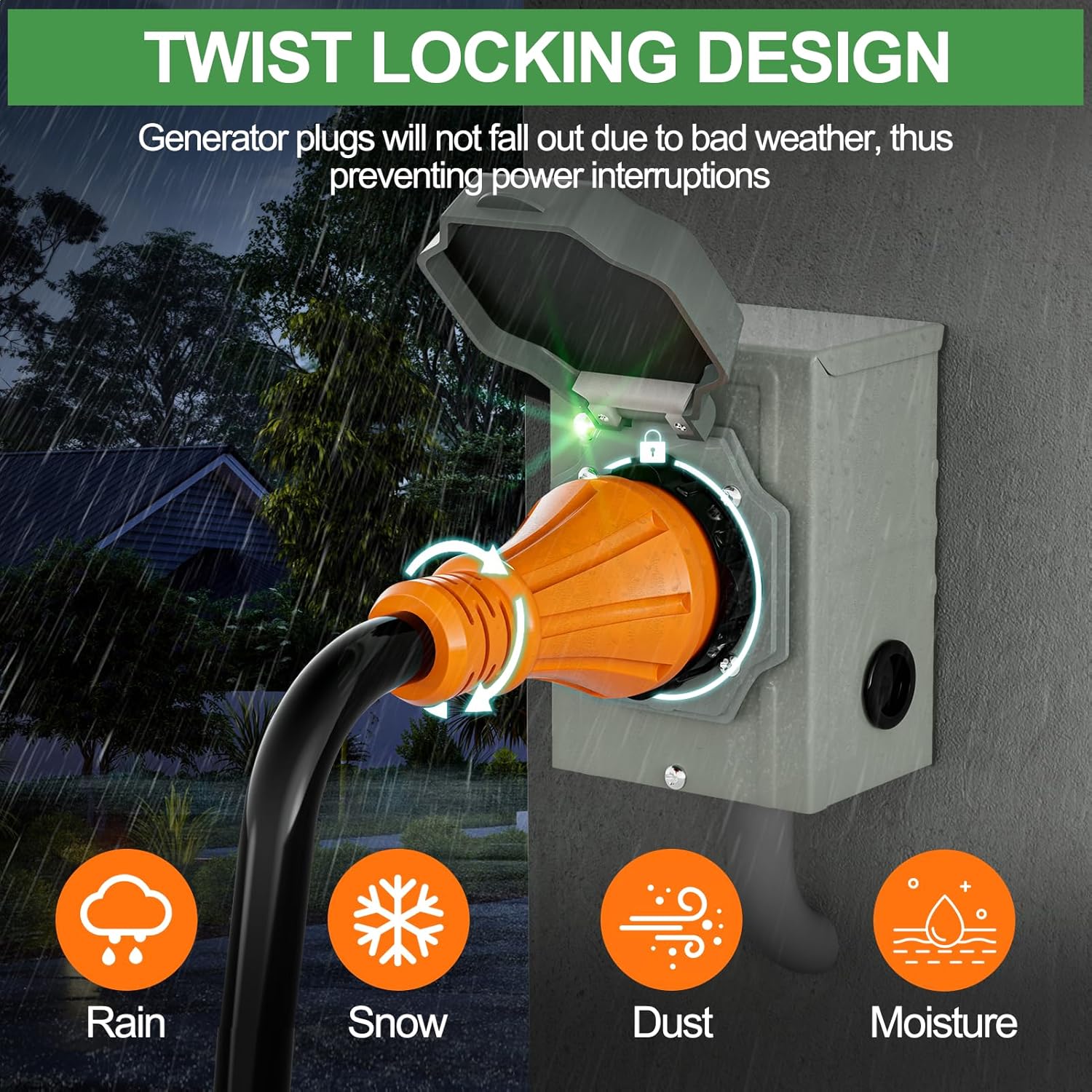 50 Amp Generator Extension Cord 15 Ft- Rated for 250V /12500W+50 Amp Generator Inlet Box with Green Safety Light