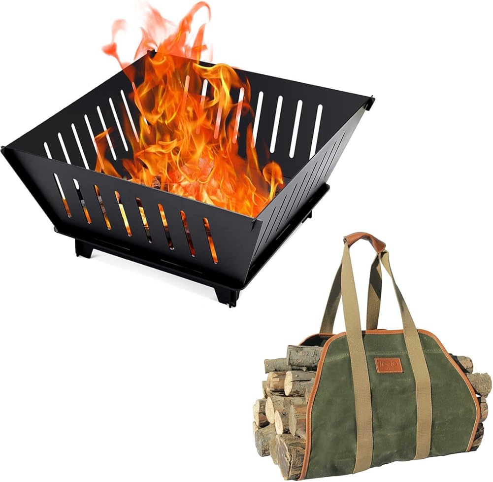Fire Pit and Waxed Canvas Log Carrier Tote Bag