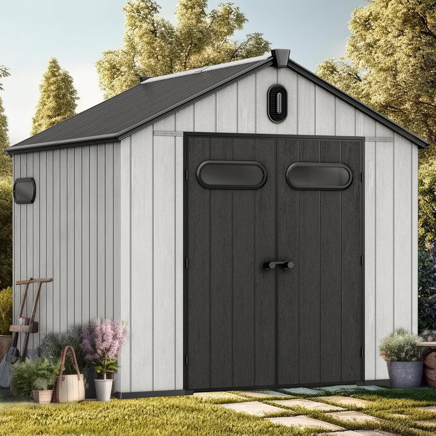 YITAHOME 8x8ft Outdoor Storage Shed with Floor, 427 cuft Waterproof Plastic Garden Shed with Lockable Door, Windows & Vents, Plastic Tool Storage for Patio Furniture, Lawn Mower, Bike Storage, Gray