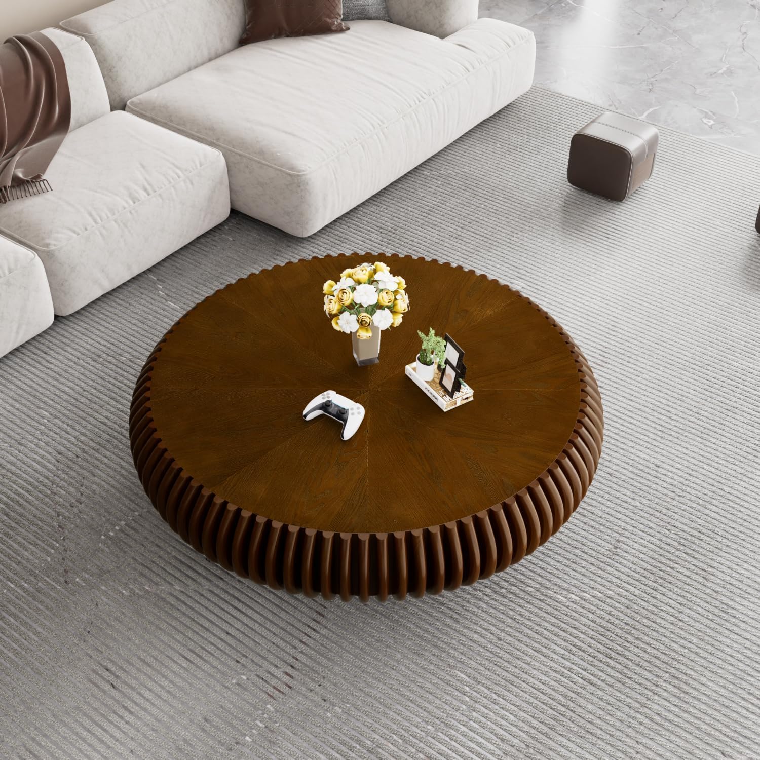 Handcrafted Solid Wood Round Grooved Coffee Table Modern Curved Fluted Drum Center Table Stylish Focal Point for Contemporary Living Room (C Walnut 100cm)