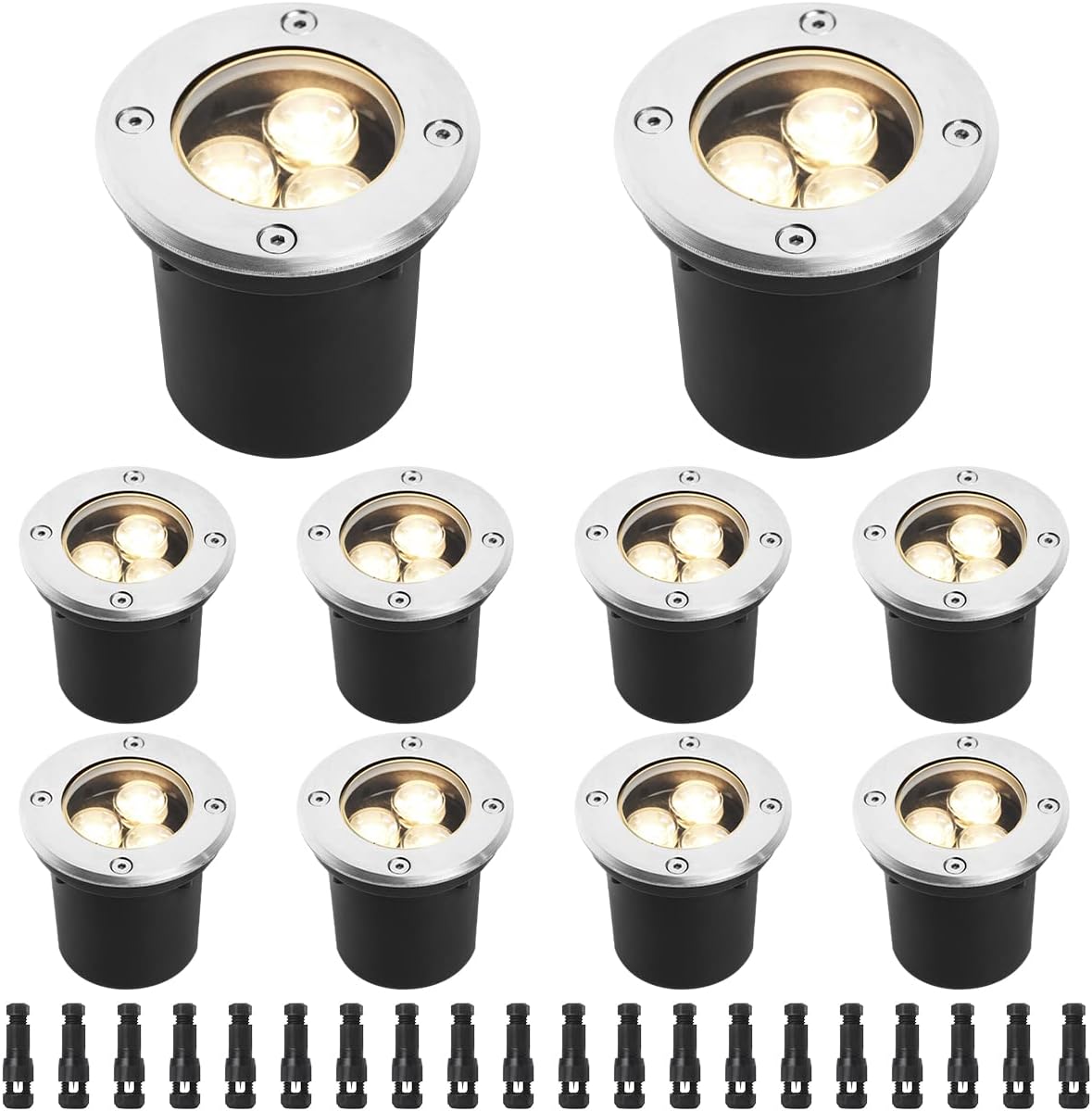 Eaglod Low Voltage LED Well Lights, 3W Landscape Lighting with Connectors, IP67 Waterproof Outdoor In-Ground Lights, Warm White for Garden, Tree, Driveway, Deck, Patio (10Pack, 12V-24V)