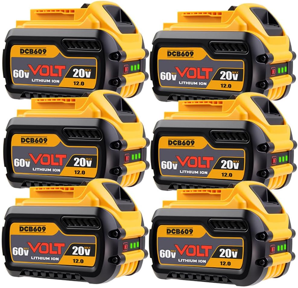 6Pack 60V/20V 12.0Ah High Capacity Replacement Battery, Compatible with DeWalt 20V/60V MAX Cordless Power Tools, Replacement for DCB609 DCB606 DCB612, Long Runtime 12000mAh