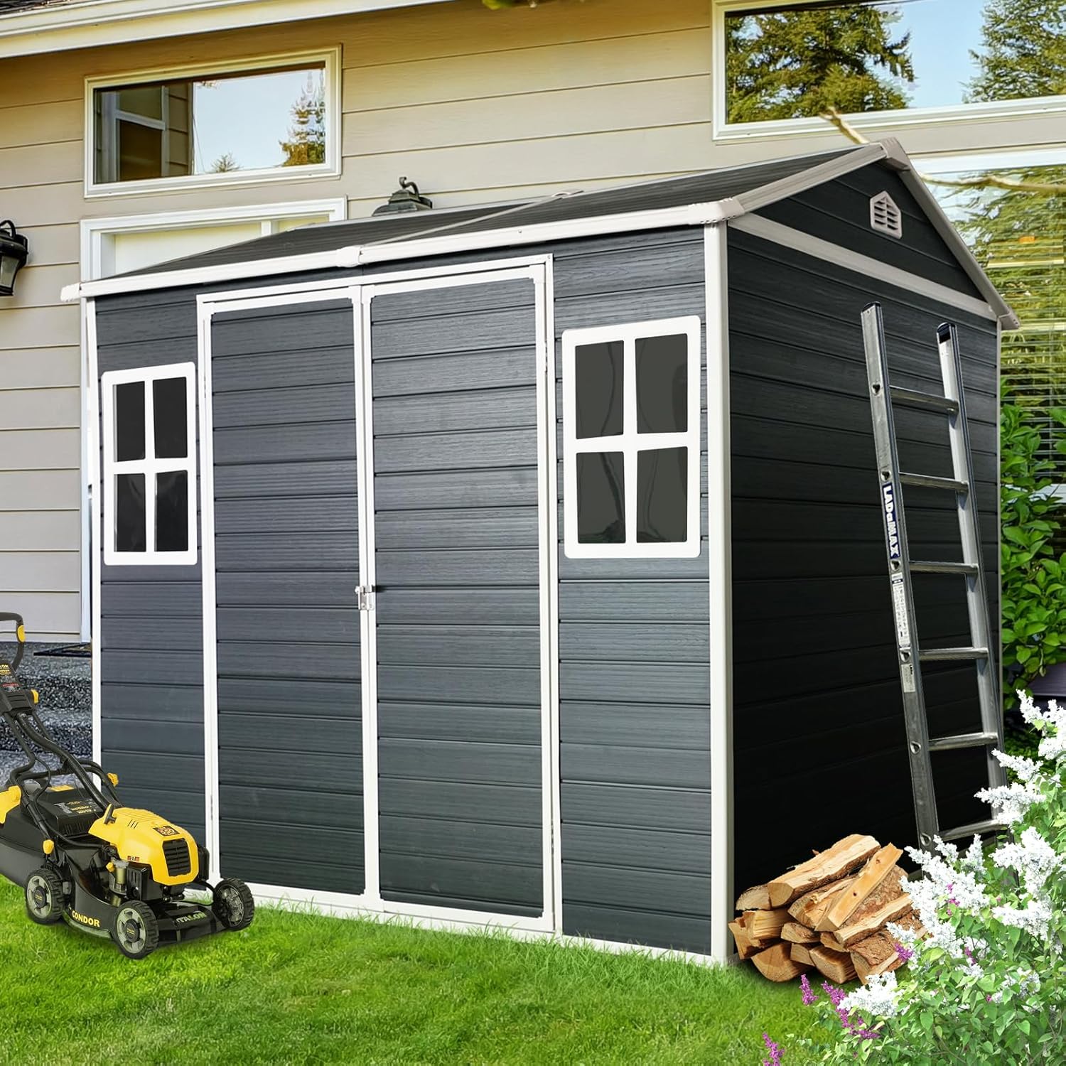 Ball & Cast 6x8 FT Outdoor Storage Shed,Multi-Wall Resin Panels Garden Tool House with 2 Window and Floor,Waterproof Cabinet W/Sloping Roof & Double Doors,Shelter for Patio,Lawn,Black