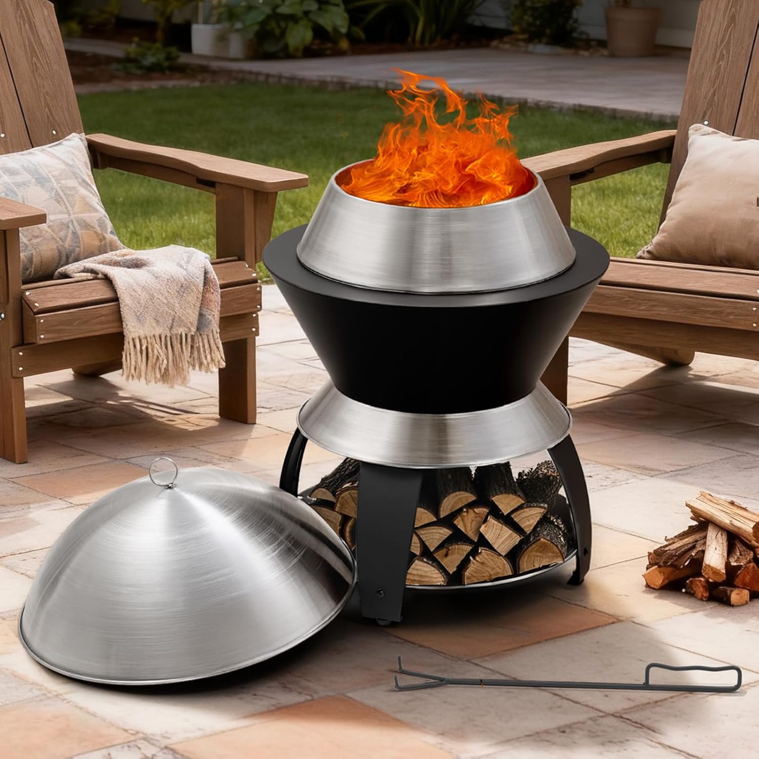 ONBRILL 20 Inch Smokeless Firepit, Outdoor Fire Pit with Waterproof Lid, Removable Ash Pan, Handbag, 2 in 1 Stainless Steel Potable Fire Pits for Outside Wood Burning, Bonfire, Camping, Picnic, Black