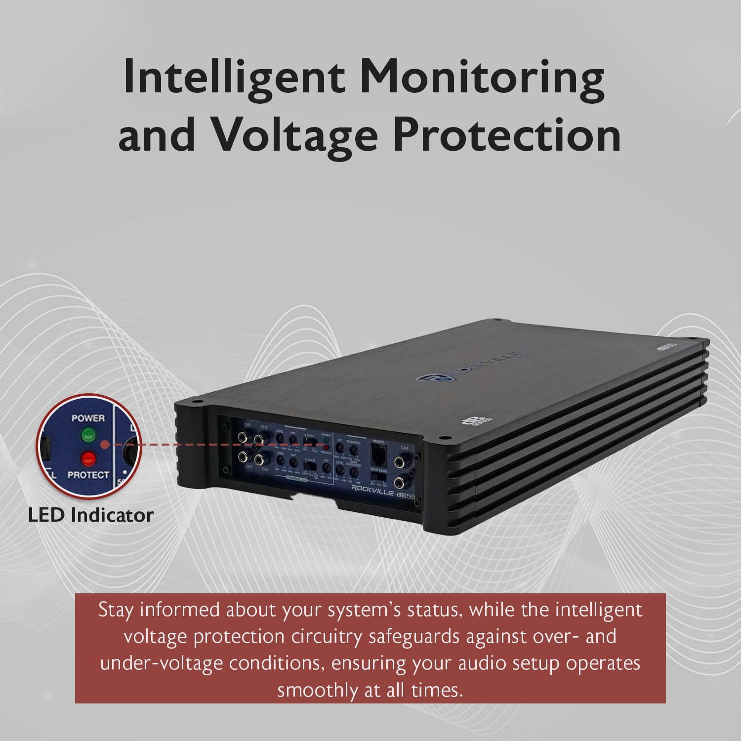 Rockville dB55 4000W 5-Channel 2-Ohm Car Amplifier, High-Speed MOSFET, Adjustable Crossover, LED, Remote Sub Control, Perfect for Car Audio and Subs